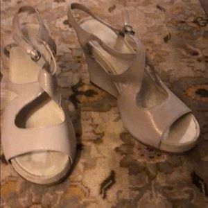 Gray Taupe Patent Leather Wedges